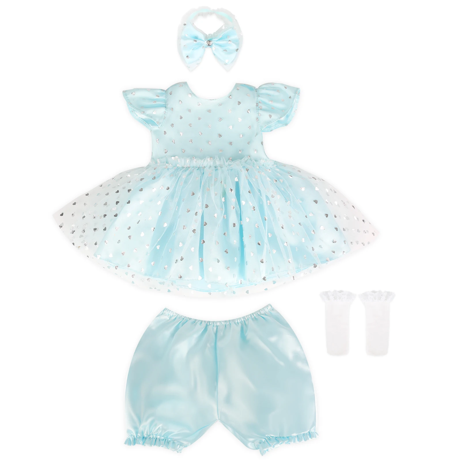 4-Piece Reborn Baby Doll Clothes Set - 16-22 Inch Princess Blue Tulle Dress with Little Socks for Baby Dolls Girls