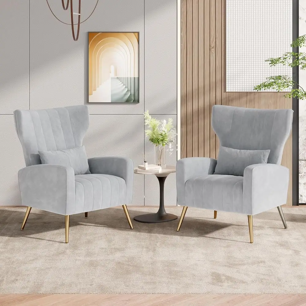 

Pair of Velvet Fabric Reading Chairs, Century Style, Light Gray for Living Room Comfort