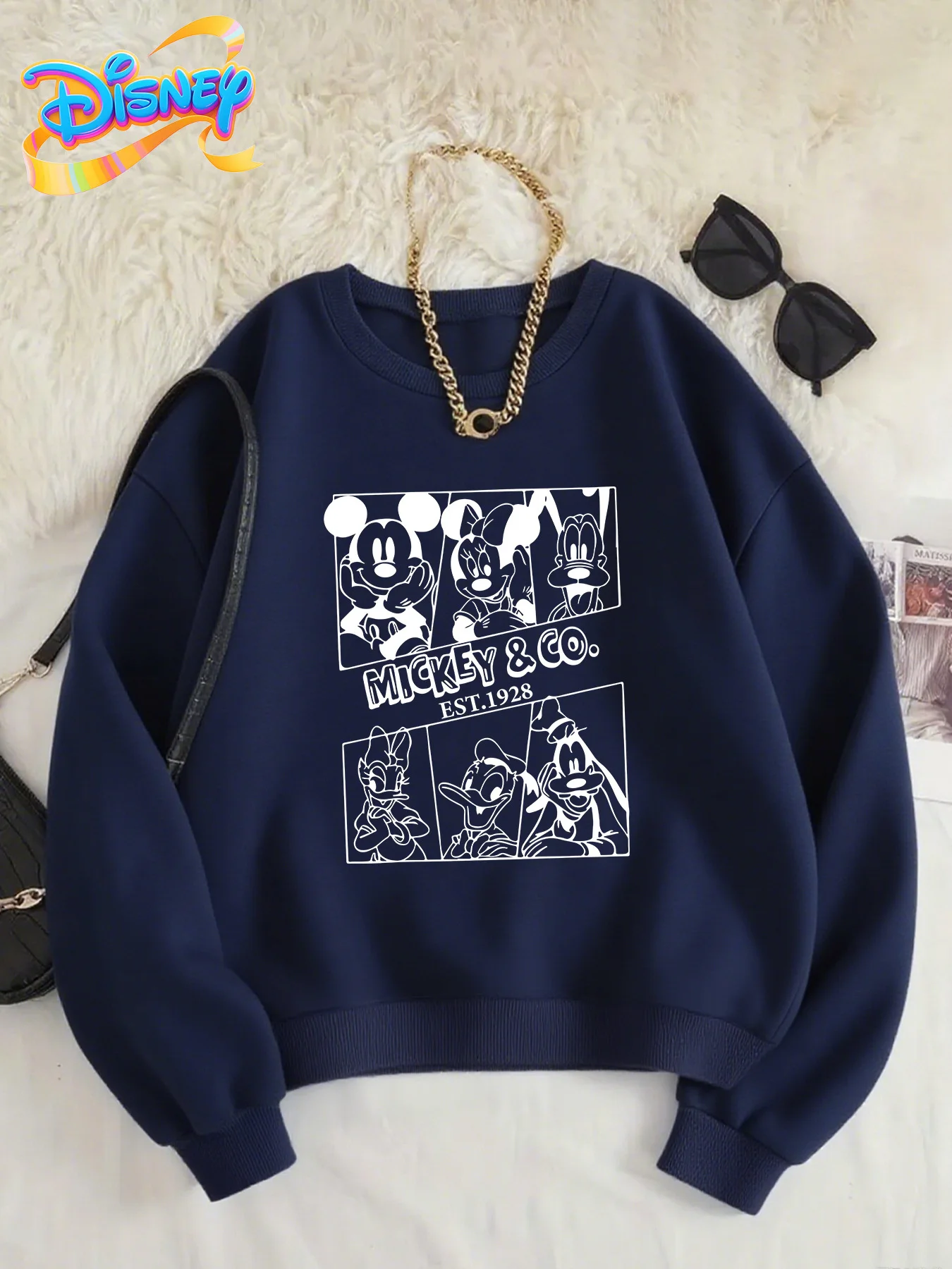 ديزني 2026 جديد زوجين ميكي ماوس المزاج طباعة الخريف/الشتاء الاتجاه المرأة المتضخم تنفس كم طويل طاقم الرقبة
