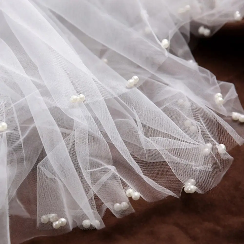 Exquisite Bridal Headpiece Women Bridal Veil with Faux Pearls Multi-layer Mesh Design Short Veil Pure White Wedding for Elegant