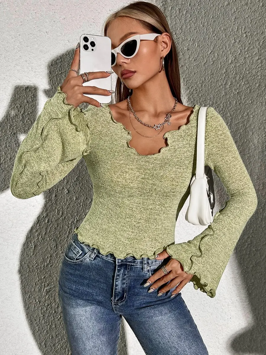

Notched Neck Lettuce Trim Trumpet Sleeve Top