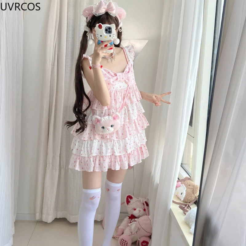 Abito stile dolce Lolita giapponese da donna con fiocco carino rosa stampa fragola senza maniche abiti da torta ragazze Kawaii Y2k mini abito da festa