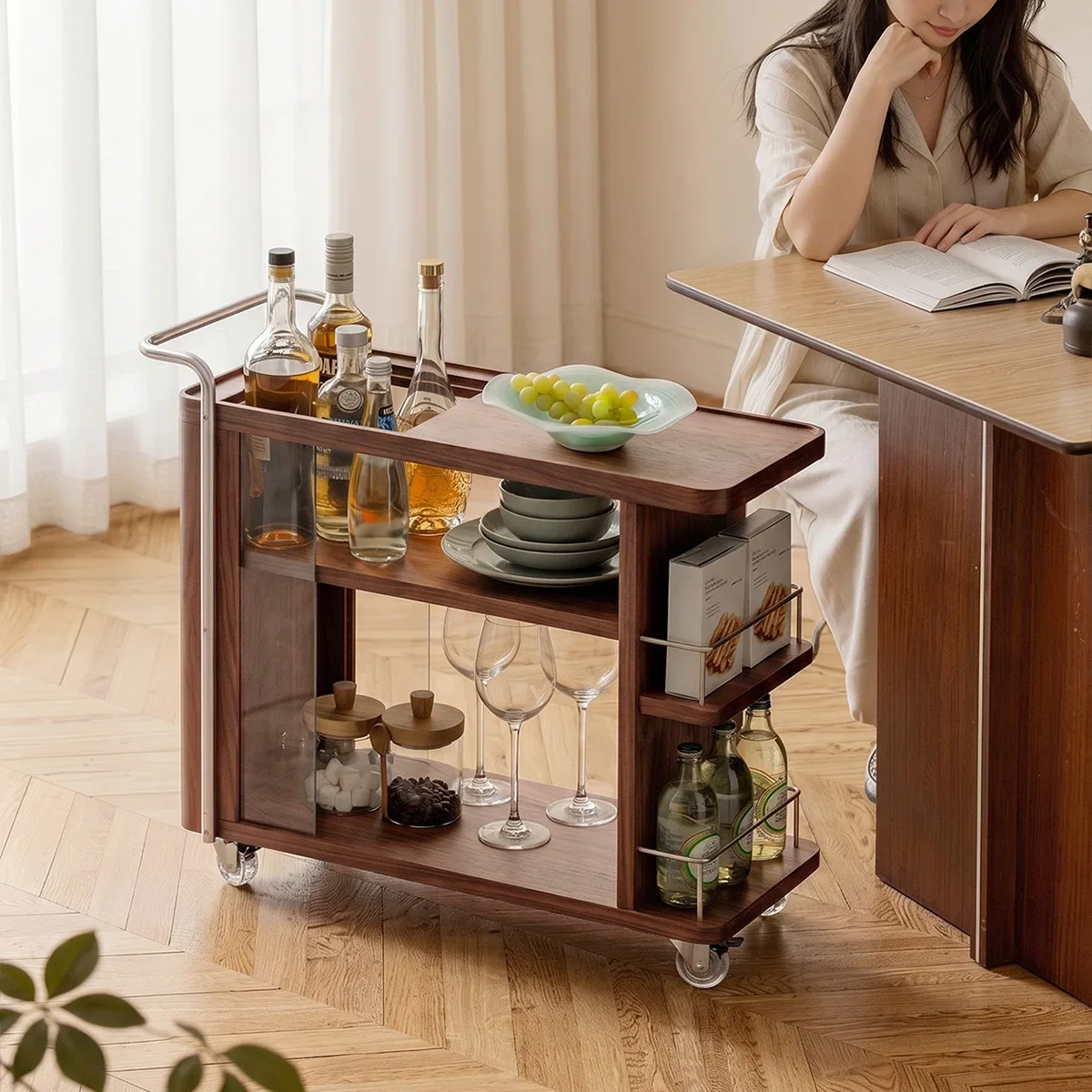 Solid wood can be lifted and lowered folding corner rotating small coffee table sofa side table cabinet