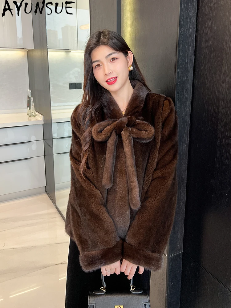 AYUNSUE Bow Natural Velvet Mink Fur Jacket Woman Luxury Whole Mink Winter Jacket for Woman Clothes High Quality Кофта С Мехом