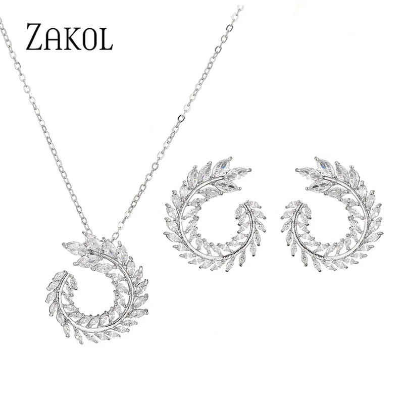 ZAKOL Fashion Leaf AAA Zircon Wedding Jewelry Sets For Women Party Gift Sliver Color Crystal Earrings Necklace Set Wholesale