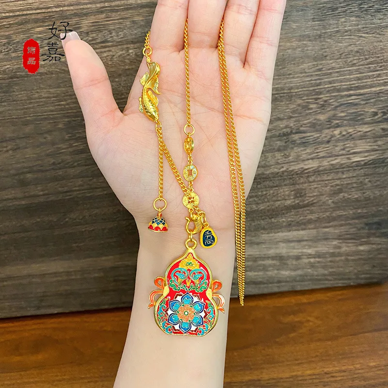 

Luxury 24K real gold gourd necklace ancient sweater chain au999 gold handmade jewelry high-end women's jewelry