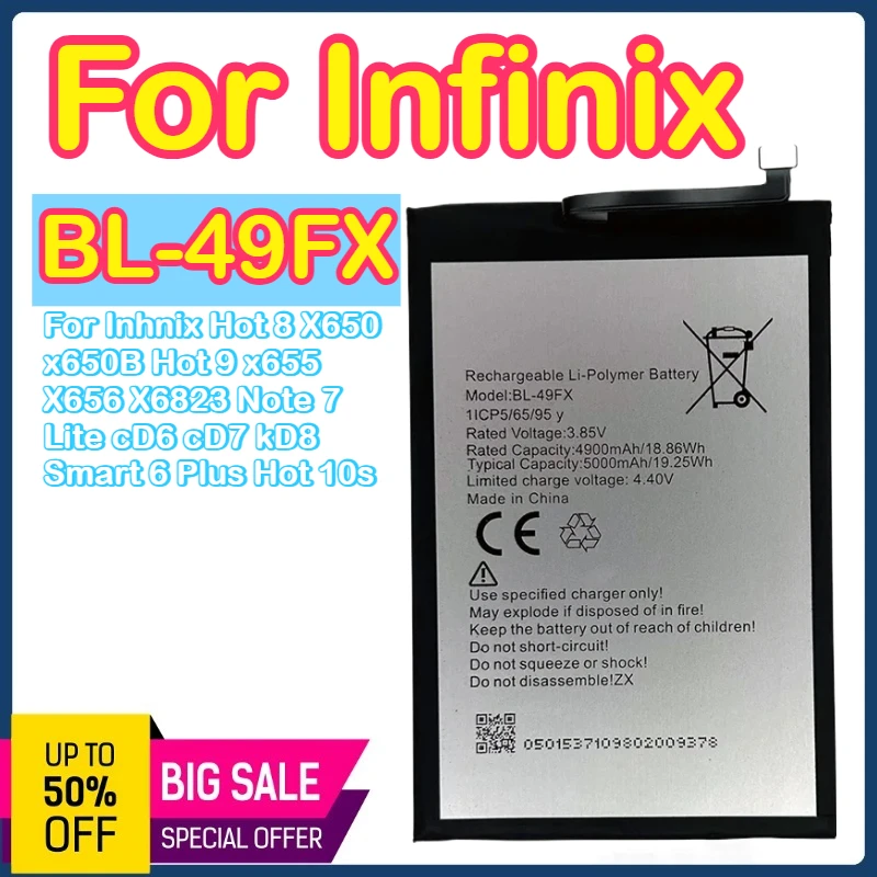 

Оригинальный аккумулятор BL-49FX 5000 мАч для Infinix Hot 8 X650 X650B Hot 9 X655 X656 Note 7 Lite CD6 CD7 KD8 Smart 6 Plus X6823 Hot 10S