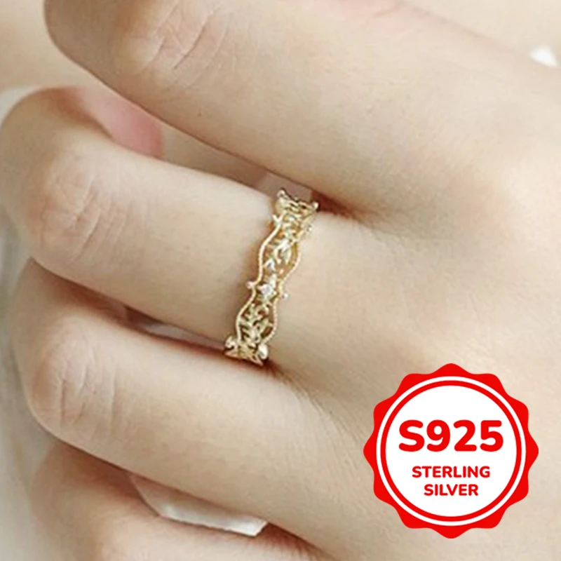 

S925 authentic sterling silver gold-plated hollow pattern ring for women fashion elegant retro exquisite simple daily classic