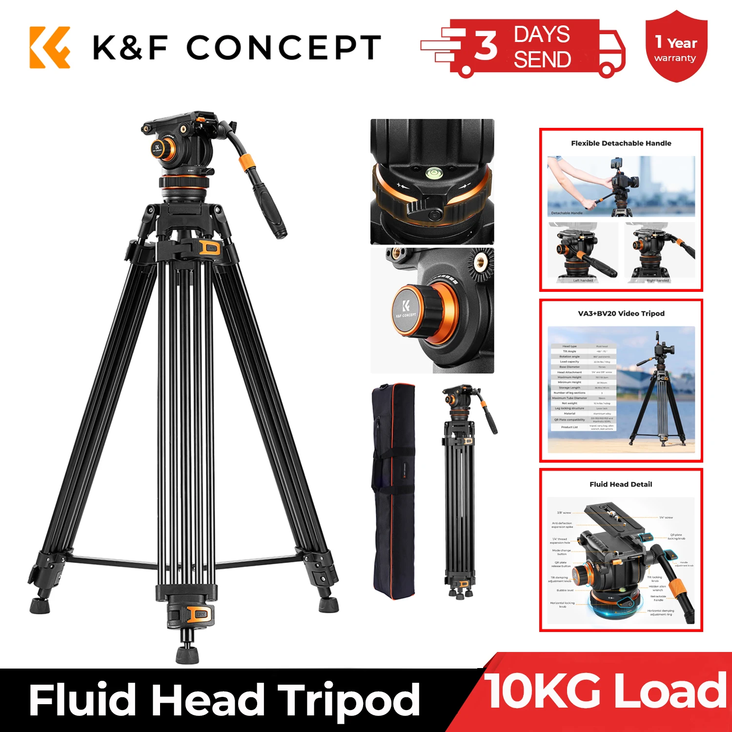 

K&F CONCEPT 22lbs/10KG Load Capacity Fluid Head Tripod Max 1.91m Professional Video Camera Tripod for Heavyweight Camera VA3BV10