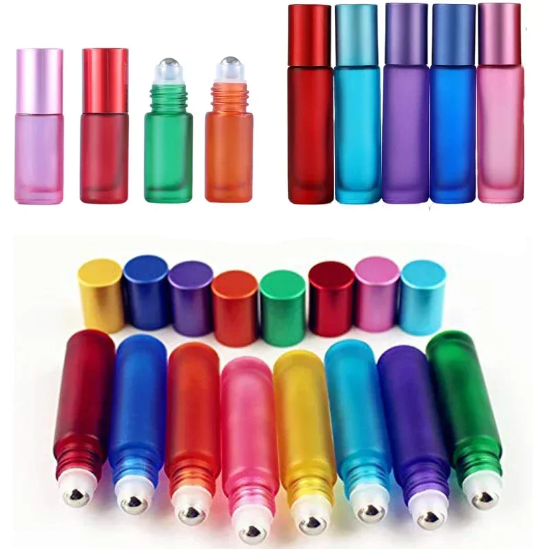 5Pcs 5ml 10ml Portable Frosted Glass Essential Oils Roller Bottles Refillable Roll on Vials With Opener Funnels For Aromatherapy