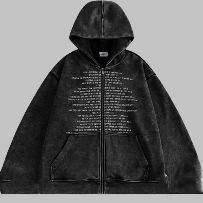 

Американская винтажная верхняя одежда на молнии с буквенным узором и длинными рукавами, однотонная модная карманная субкультура с капюшоном, осень 2023 г.