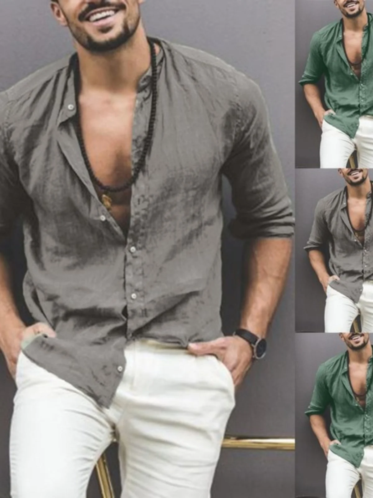 

Autumn Long Sve Cotton Linen Men's irt Stand Fit Button Detail Waed Proc Youth Trend Summer Youth Moisture ...