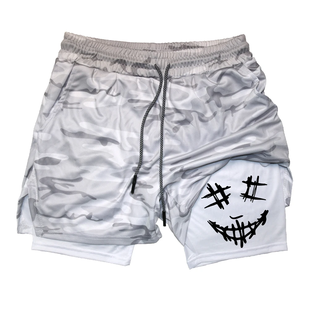 Men's Smiley Face Printed Athletic Shorts Summer Lightweight Quick Drying Drawstring Shorts Double Layered With Towel Buckle