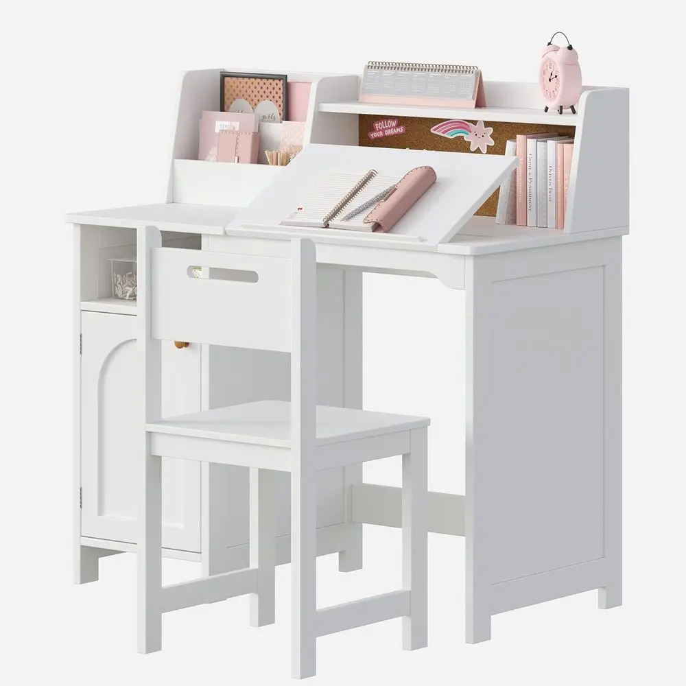 

Kids Study Desk and Chair Set, Kids Desk with Hutch and able Desktop or 3-8 Years Old, Wooden Children Study Table with Storage