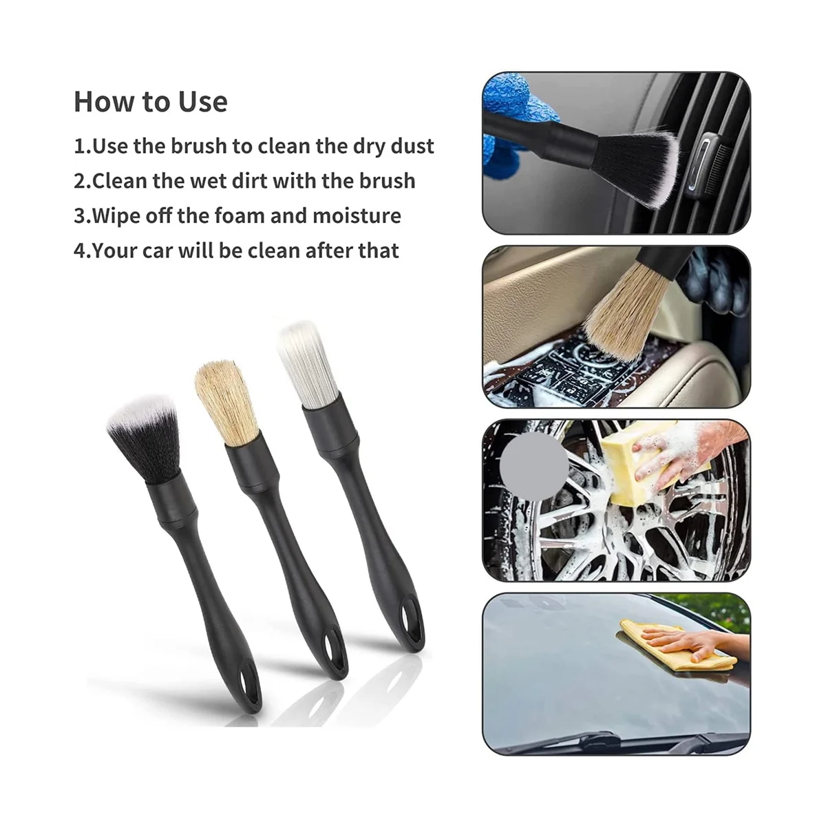 3Pcs Car Brushes Car Detailing Brush Set Soft Bristle for Car Cleaning Detailing Brush Dashboard Air Outlet Wheel Brush