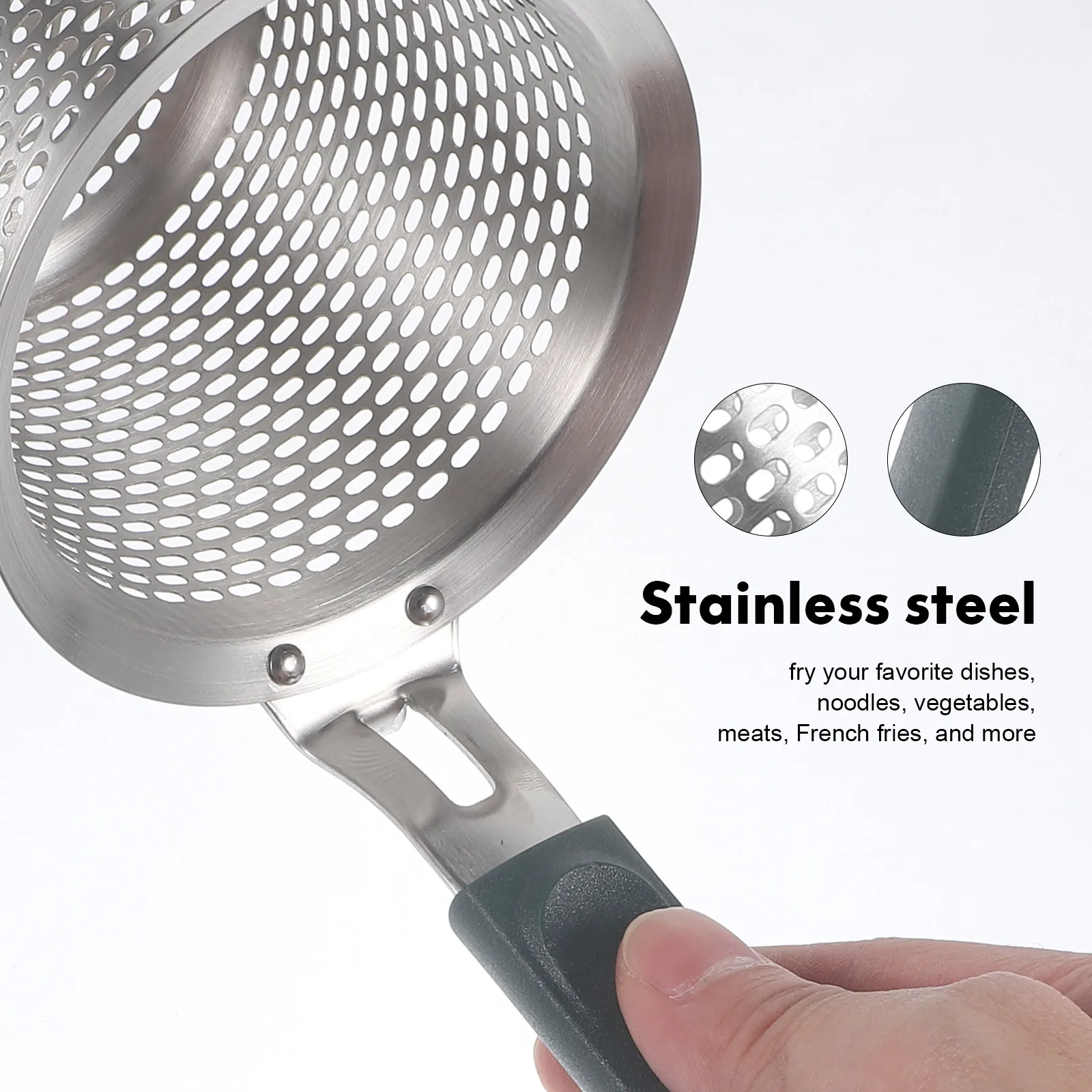 

Stainless Steel Strainer Spoon Fine Mesh Deep Colander Long Handle Ergonomic Non-Slip Grip Hot Pot Noodles Filtering Basket