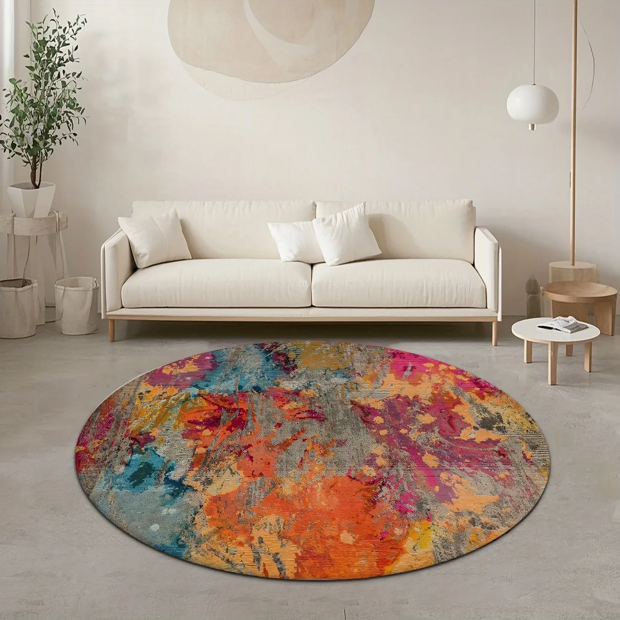 Modern Splash Abstract Painting Round Rug,Bright Multicolor Brush Texture Printed Circular Floor Mat,Living Room Decor Carpet