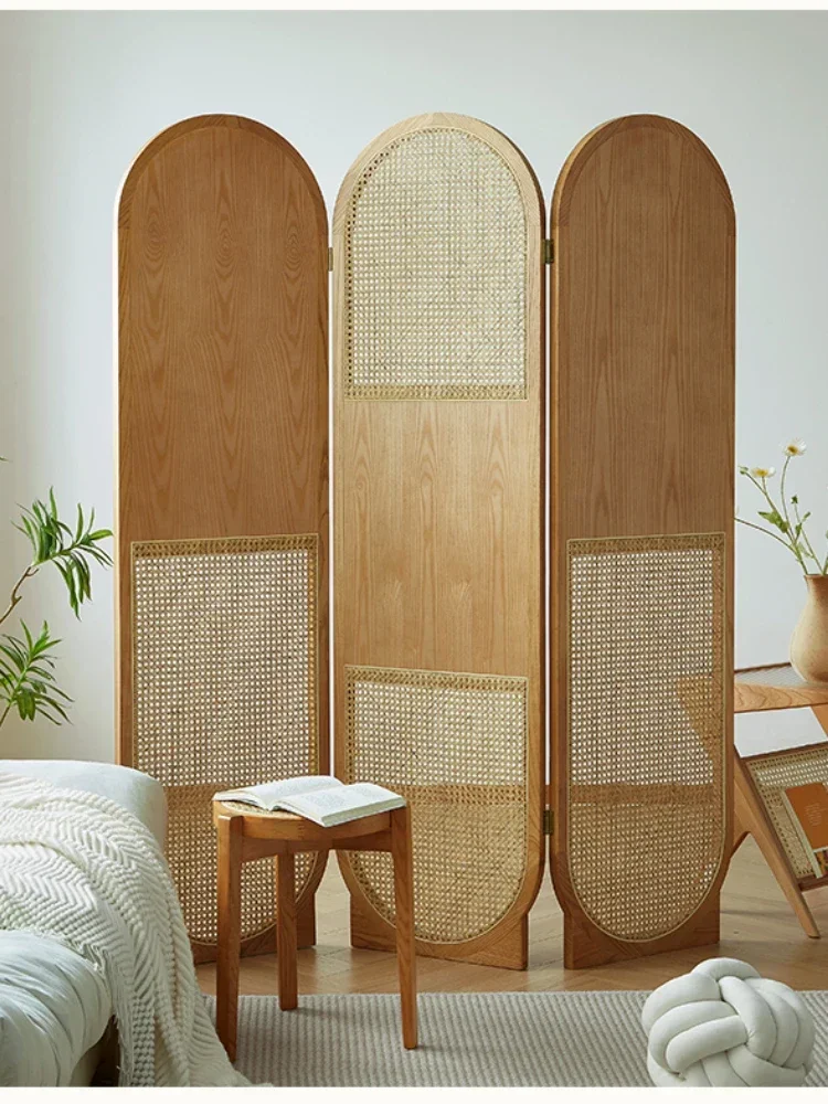 Japanese-Style Folding Screen Partition Solid Wood Rattan Movable Living Room Home Bedroom Cover