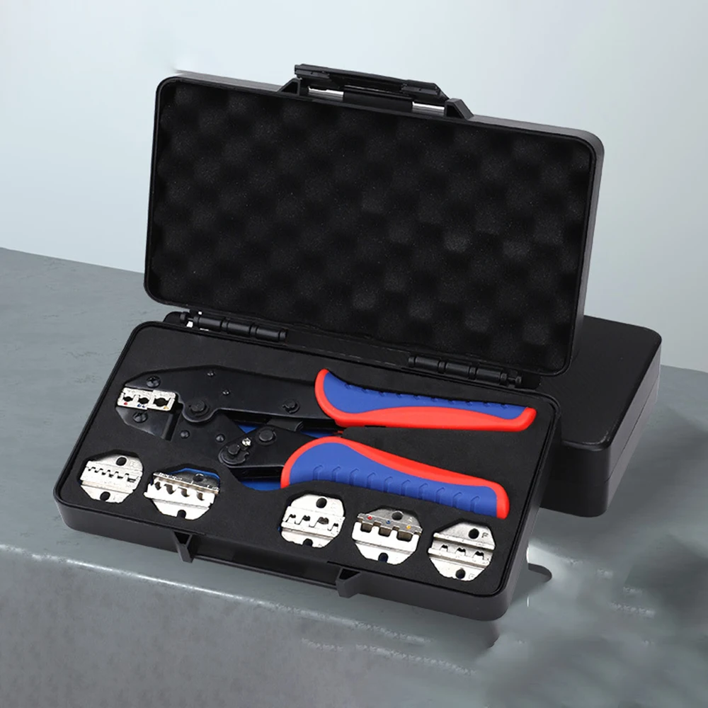 Quick Change Ratchet Crimp Tool Kit with 5 interchangeable jaw toolboxes, suitable for automotive and cold-press terminal
