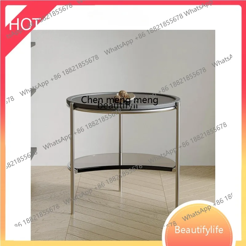 

Italian Minimalist Tempered Glass Sofa Side Table Living Room Balcony Stainless Steel Corner Table Advanced round Table