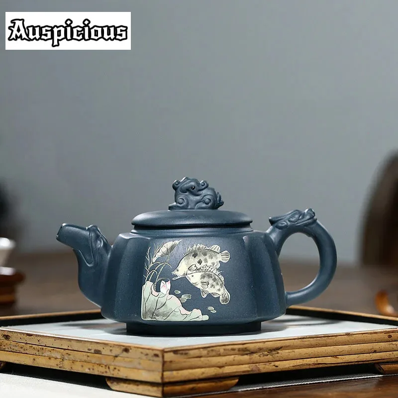 

280ml Yixing Master Purple Clay Teapots Handmade Fish Pattern Tea Pot Raw Ore Azure Mud Kettle Chinese Zisha Tea Set Customized