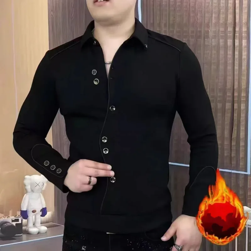 

Осень-зима, Новое поступление, мужская деловая повседневная рубашка-поло с длинными рукавами, красивая облегающая рубашка на флисовой подкладке в корейском стиле