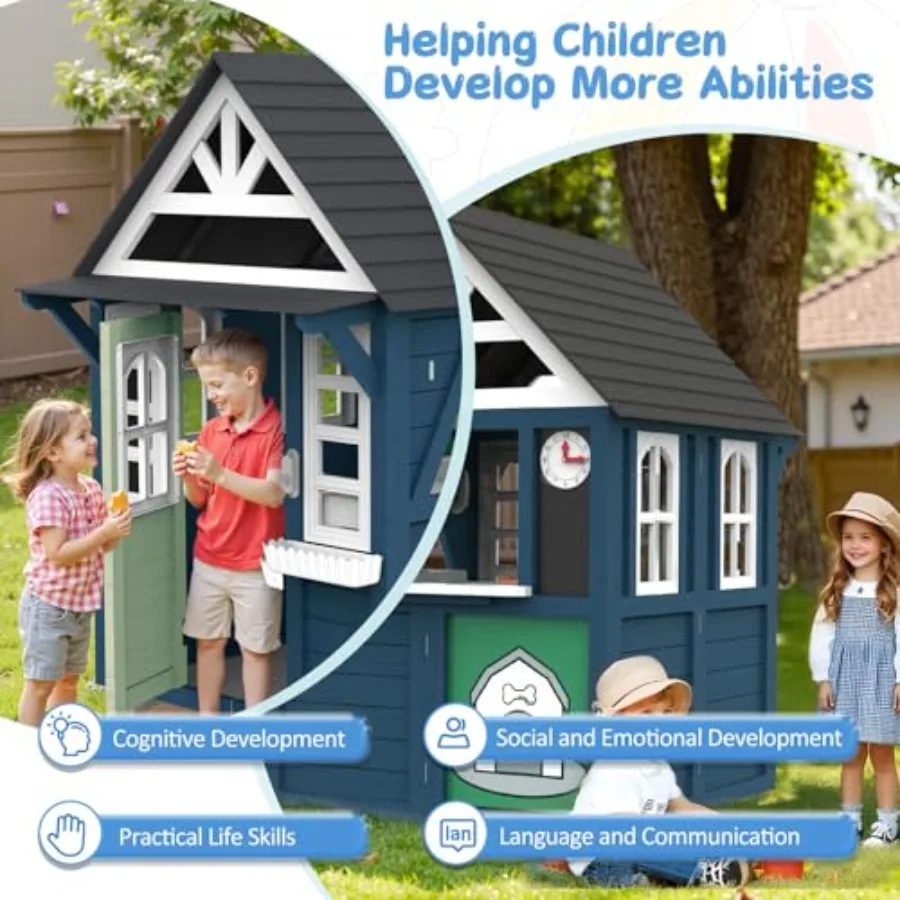 Outdoor kids playhouse: wooden, blue, large and sturdy with realistic kitchen, doorbell, flower pot, stove, sink, and clockidea