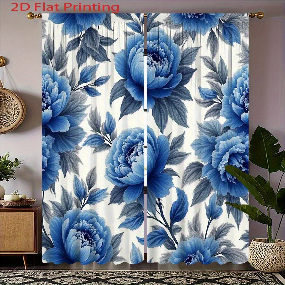

2 шт. синие шторы с цветочным узором пиона, изготовленные из полиэфирной ткани, можно стирать в машине, подходят для декора спальни и гостиной.
