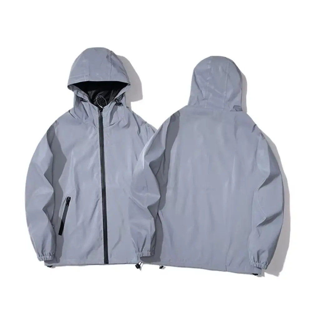 Chubasquero con capucha, chaquetas reflectantes a prueba de viento, chaqueta impermeable con capucha de calle alta, cortavientos reflectante holgado y elegante para adultos