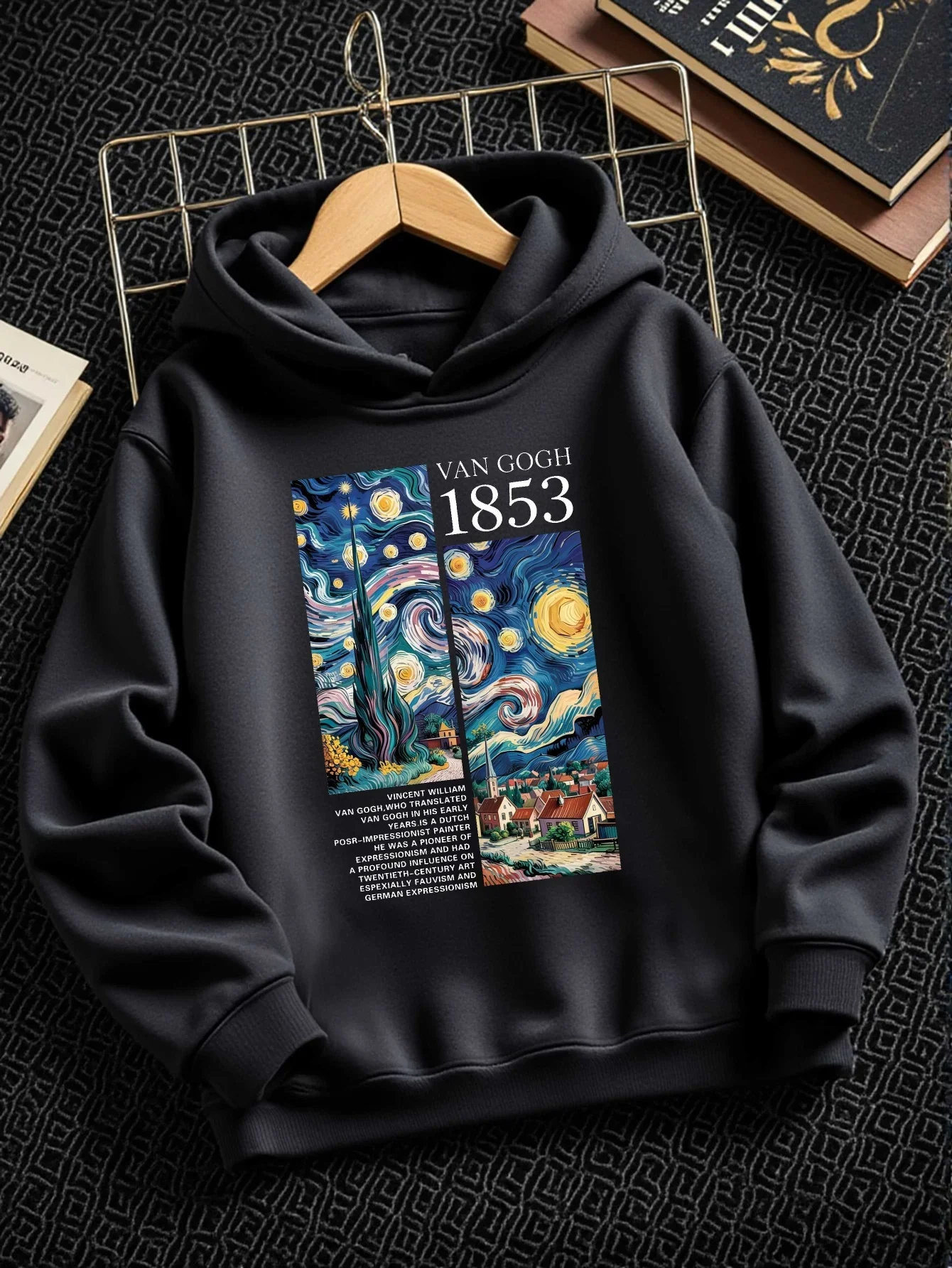 Teen Boys Van Gogh Starry Night Art Graphic Printed Hoodie Grey Famous Painting Sweatshirt Autumn Winter Active Outerwear
