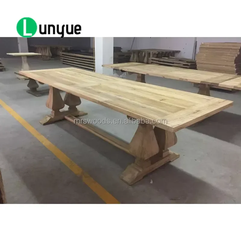 300cm Recycled Wood Farmhouse Rectangle Dining Table Double Base Long Kitchen Table for Large Family Home Decor Rustic Style