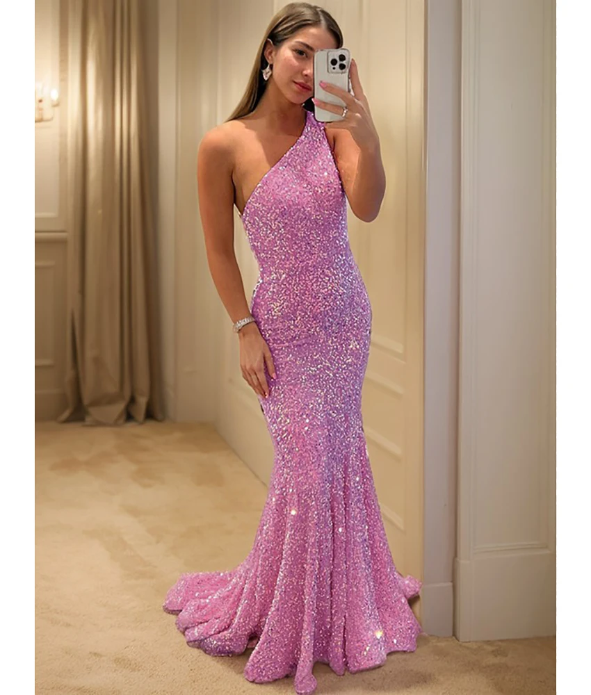 

Customized Luxury Sequined Mermaid One Shoulder Evening Dress Temperament Sleeveless Floor Length فستان سهرة نسائي