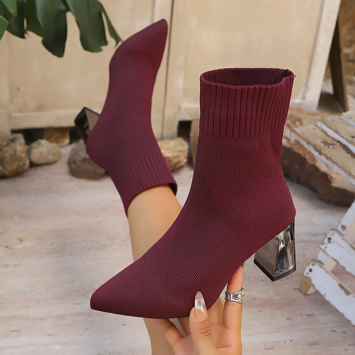 Women Fashion Ankle Boots Autumn Pointy Solid Color Stretch Knitted Sock Boots Women Chunky Slip on Plus-size Shoes for Women