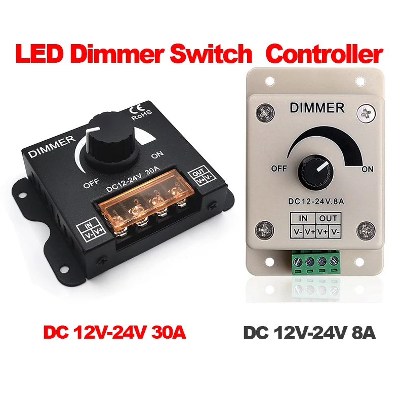 

DC 12V 24V LED Dimmer Switch 8A Plast 12V 24V 30A 360W Regulator Adjustable Controller For LED Strip Light Light Modulator Lamp