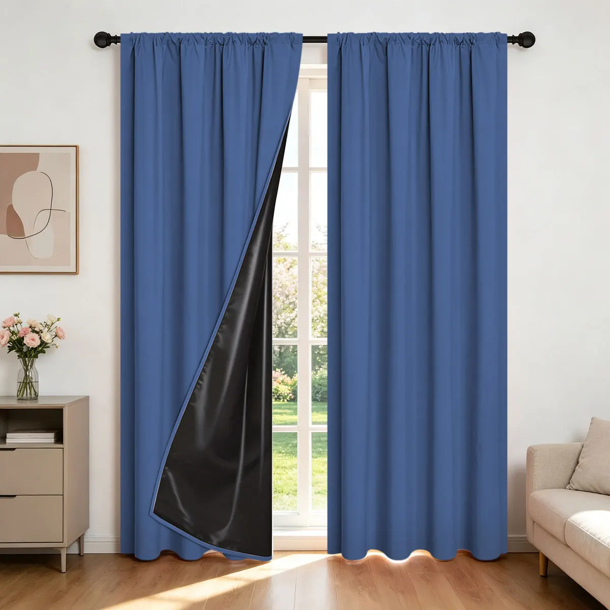 Dark Blue Blackout Curtains 2 Panels, Rod Pocket Lightweight Black Coated Window Drapes
