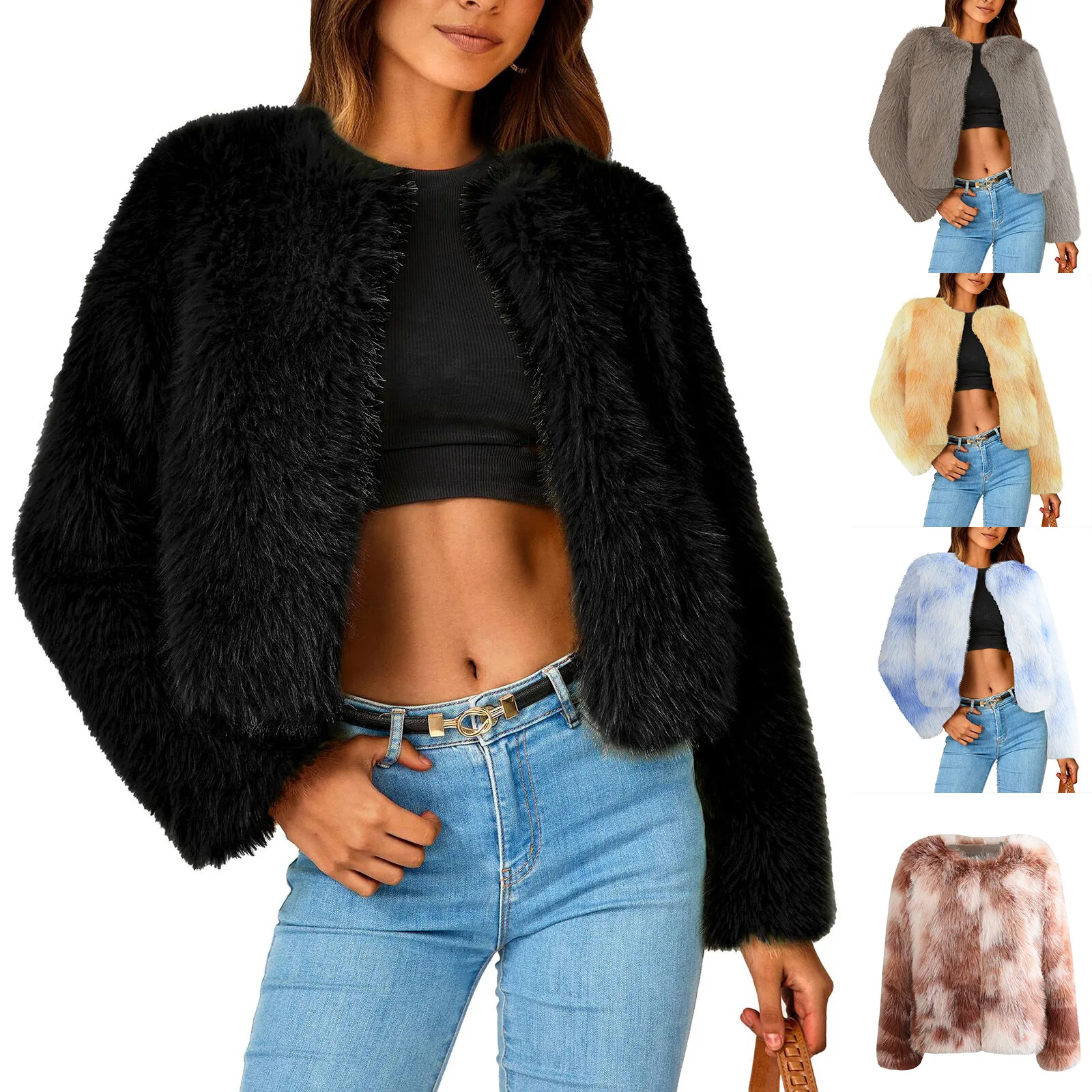

Autumn Winter New Simple Round Neck Women Faux Fur Coat Versatile Solid Color Female Short Warm Coats