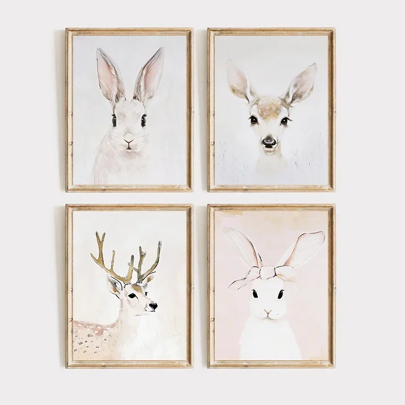 1pc frameless Canvas Painting Minimalist Wall Art Vintage Soft Tones Rabbit Elephant Deer Poster and Prints Canvas Painting for
