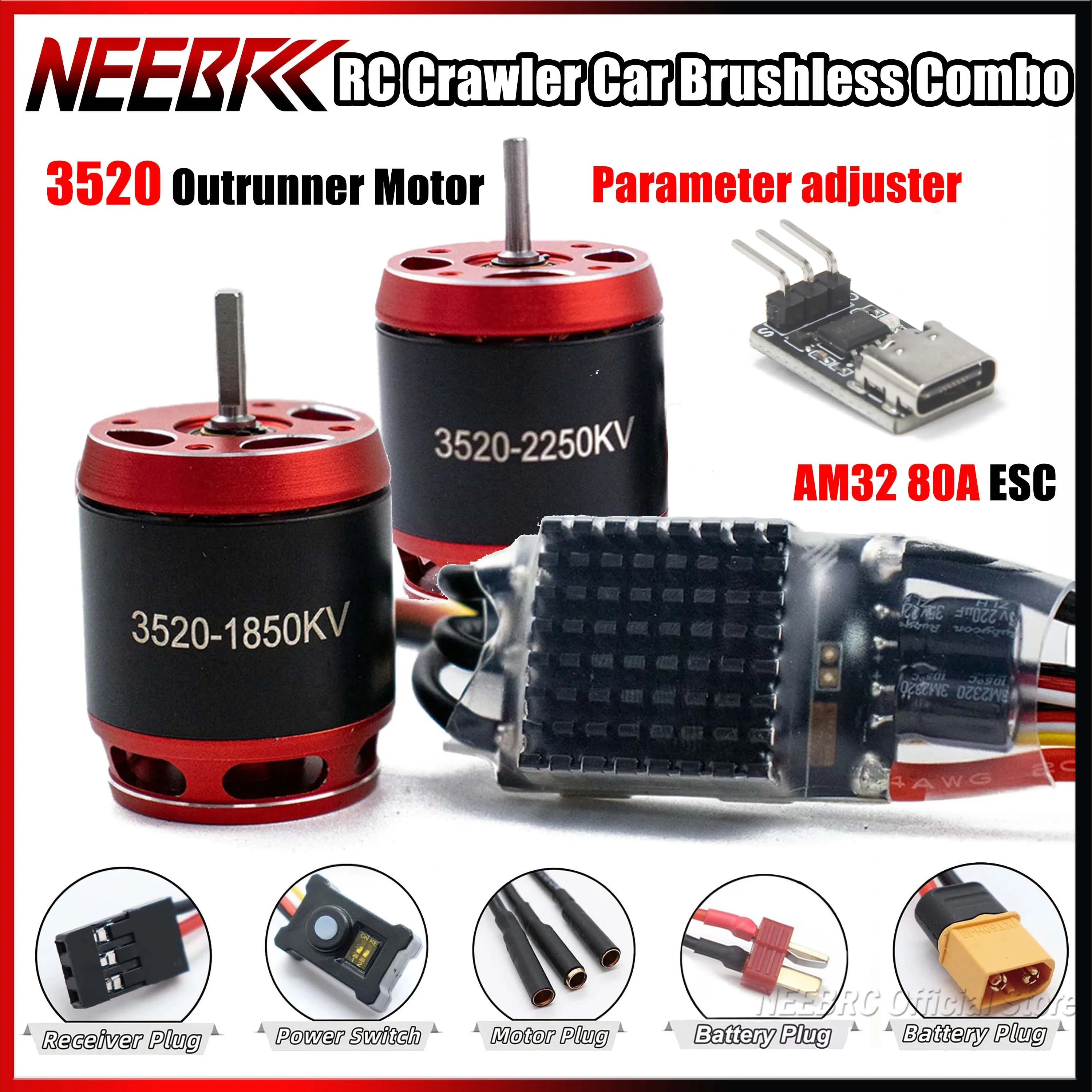 

NEEBRC RC Crawler Car Brushless Combo AM32 80A ESC BEC Programming 3520 Outrunner Motor Adjuster for Axial Traxxas SCX10 TRX4