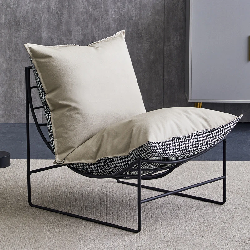 Light luxury houndstooth pattern iron single sofa chair, trendy internet-famous chair with backrest, small balcony lazy sofa