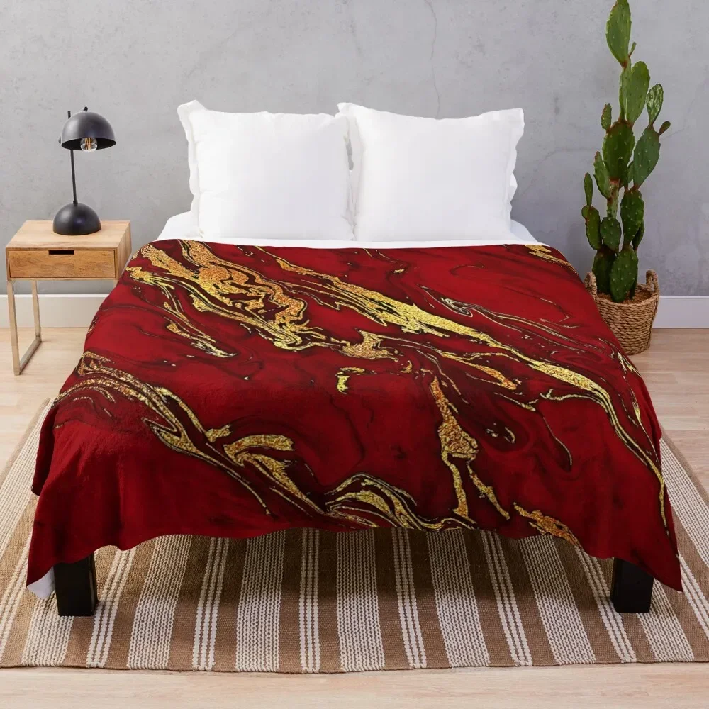 Faux Fire Red And Gold Marble Throw Blanket Moving Heavy Blankets