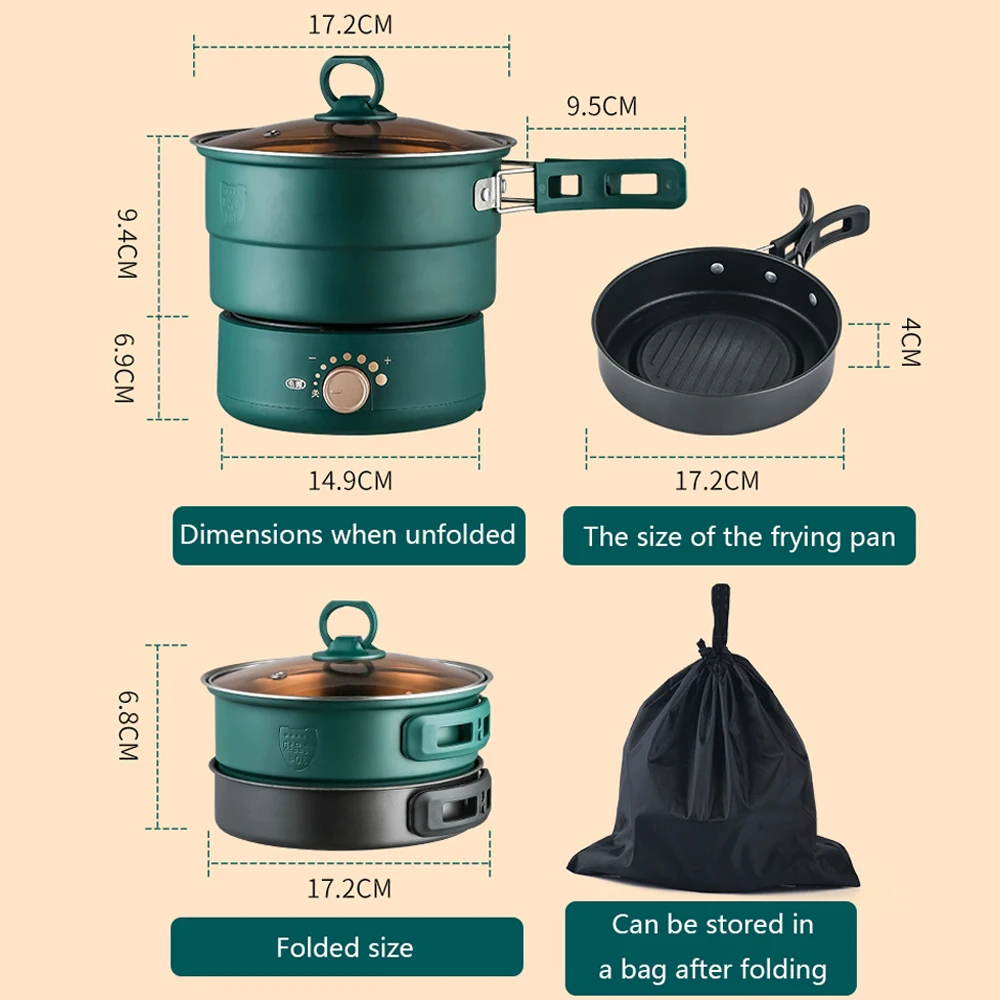 110V 220V Foldable Split Cooking Pot Portable Multicooker Frying Pan Rice Cooker Food Steamer Stew Soup Noodle Boiler for Travel