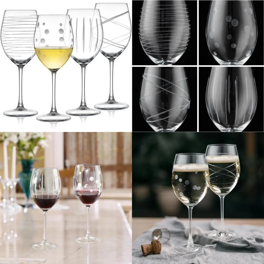 

Келки для красного и белого вина ручной работы с гравировкой в полоску и точечным узором на прозрачных длинных стеблей