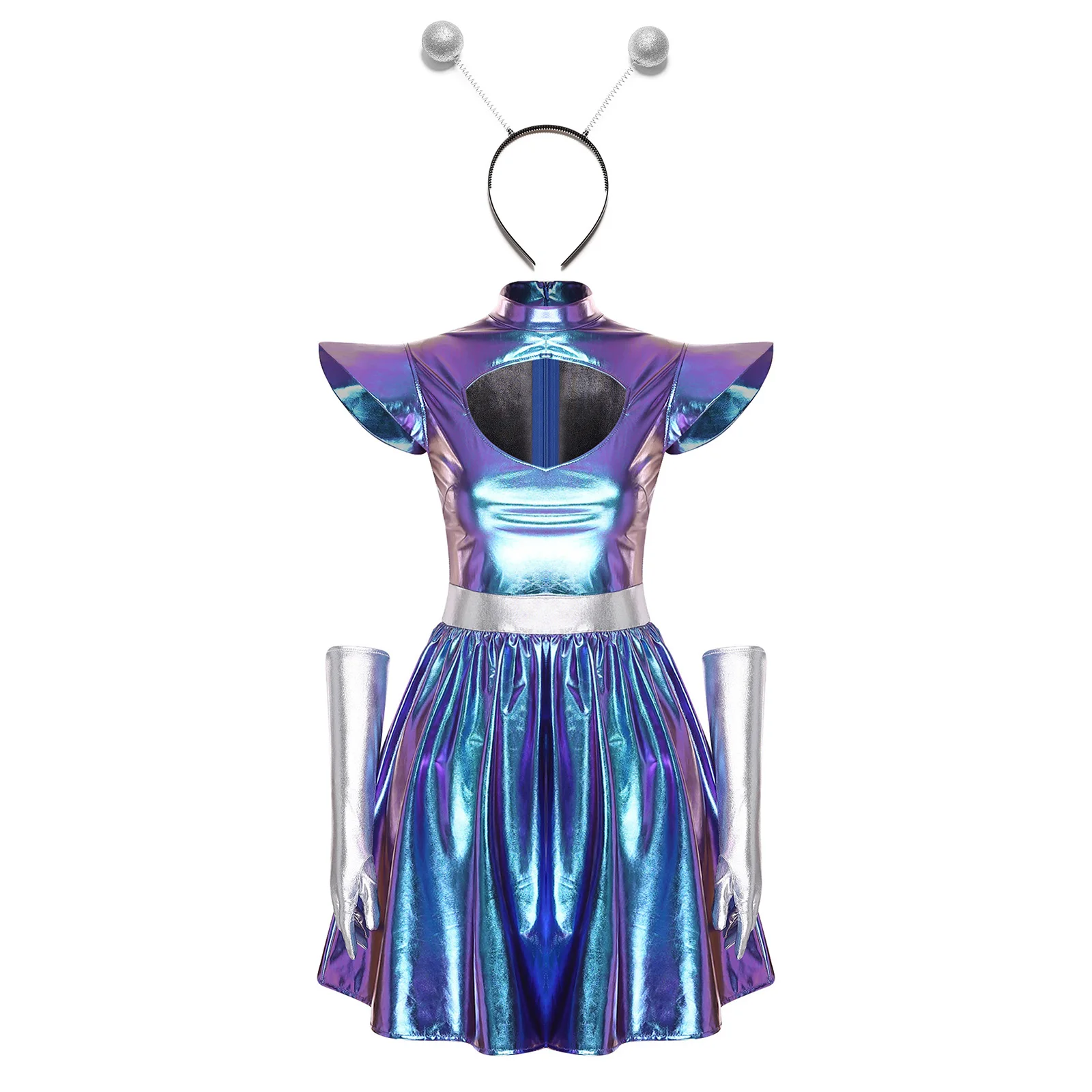 

Women Holographic Halloween Alien Robot Outer Space Cosplay Dress with Hair Loop Set Metallic Shiny A-line Alien Role Play Dress