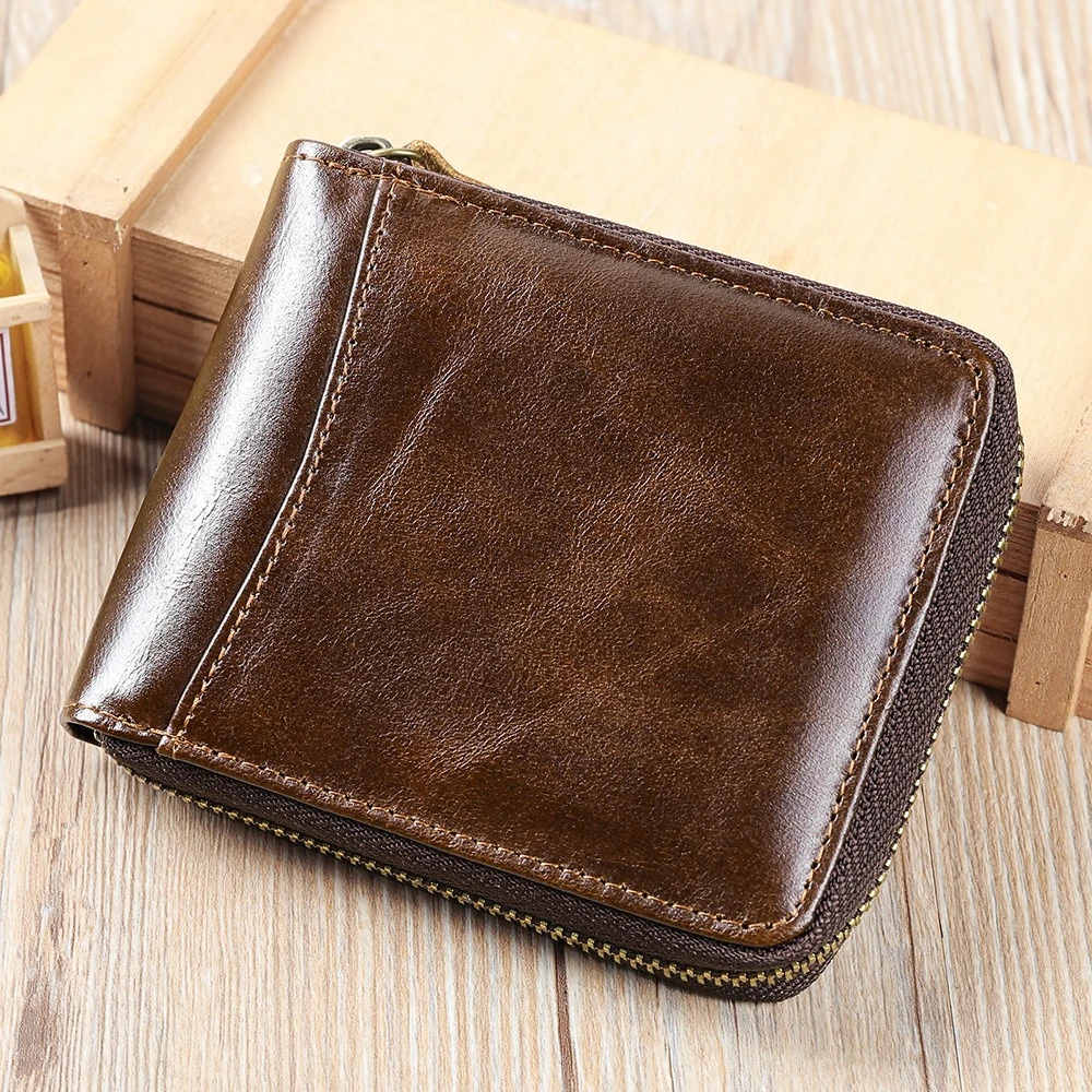 Men Genuine Leather Zip Wallet Vintage Bifold Card Holder With Multiple Slots Large Capacity Casual Business Commute Purse