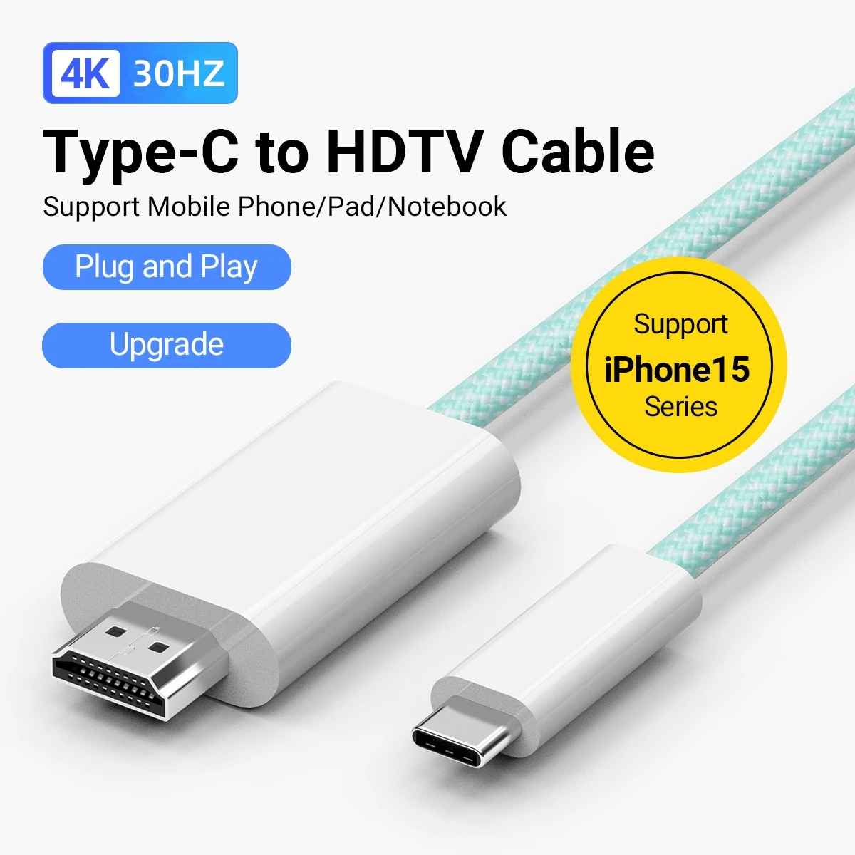 

4K30Hz USB C To HDMI Cable, 6Ft/70.86In/1.8M Type-C To HDTV Color Adapter Cable Support For IPad， Laptop，MacBook，IMac，IPhone