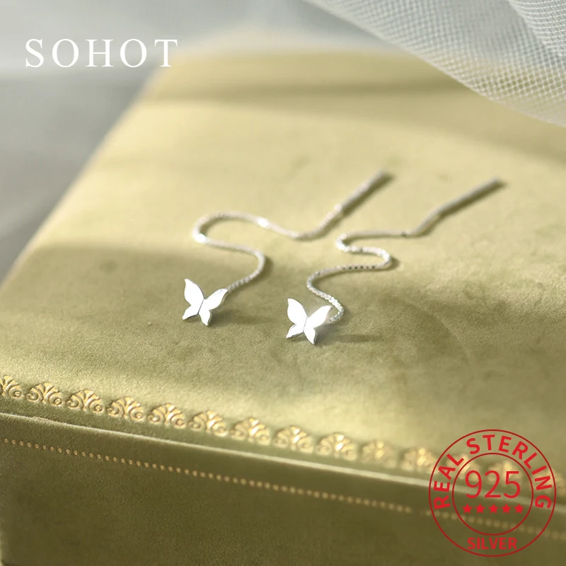 

Real 925 Sterling Silver Minimalist Butterfly Tassel Chain Tiny Stud Earrings for Charm Women Cute Fine Jewelry Accessories