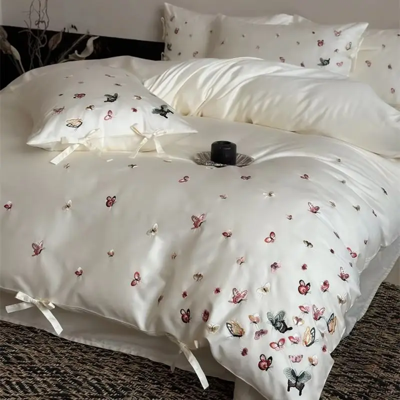 100% Egyptian Cotton Colorful Butterfly Embroidery Champagne Luxury Bedding Set Duvet Cover Bed Sheet/Fitted Sheet Pillowcases