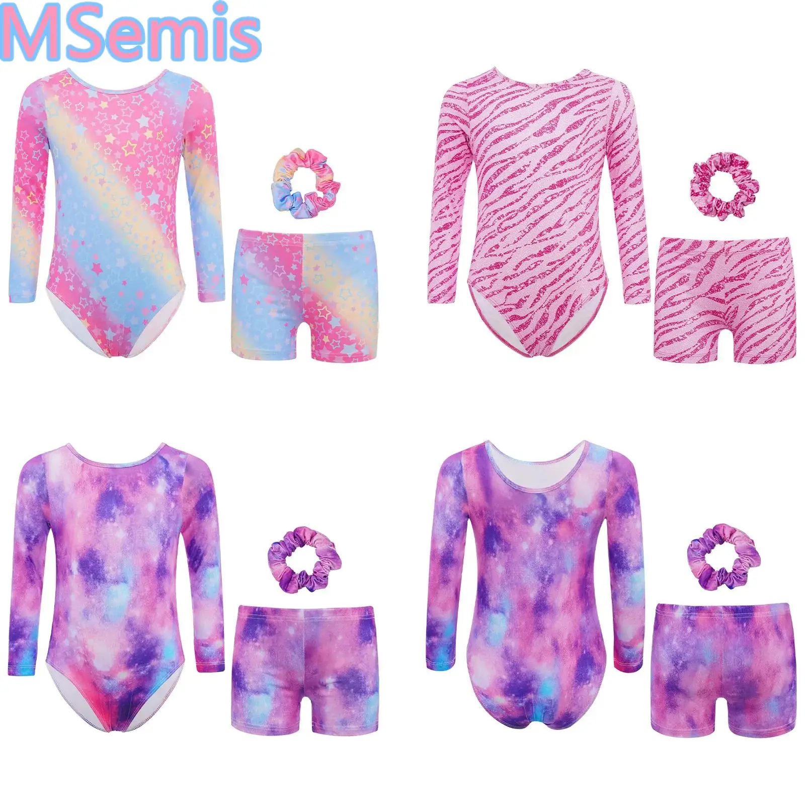 Kids Girls Gymnastics Dance Outfit Round Neck Long Sleeve Starry Sky/Zebra-Stripe/Star Printed Leotard with Shorts And Headwear