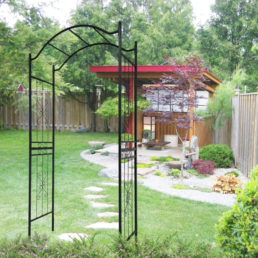 

Metal Garden Arch with black powder coated 3.6ft Length x 1.47ft Width x 7.5ft Height Climbing Plants Support Arch Outdoor Blac