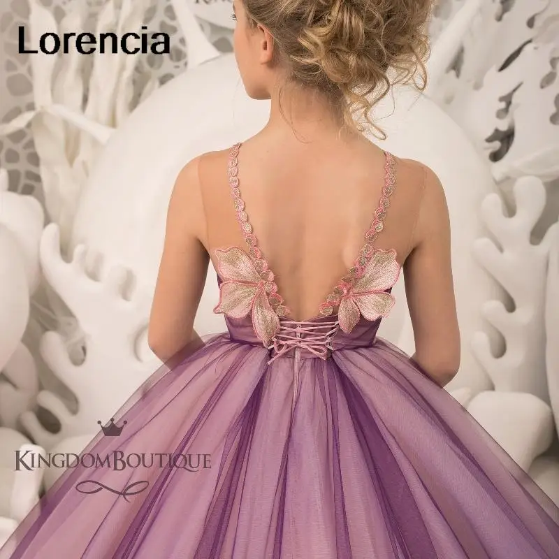 Lorencia-vestido florido roxo inchado para meninas, renda de tule, aplique, vestido infantil, vestido de primeira comunhão, YFD70